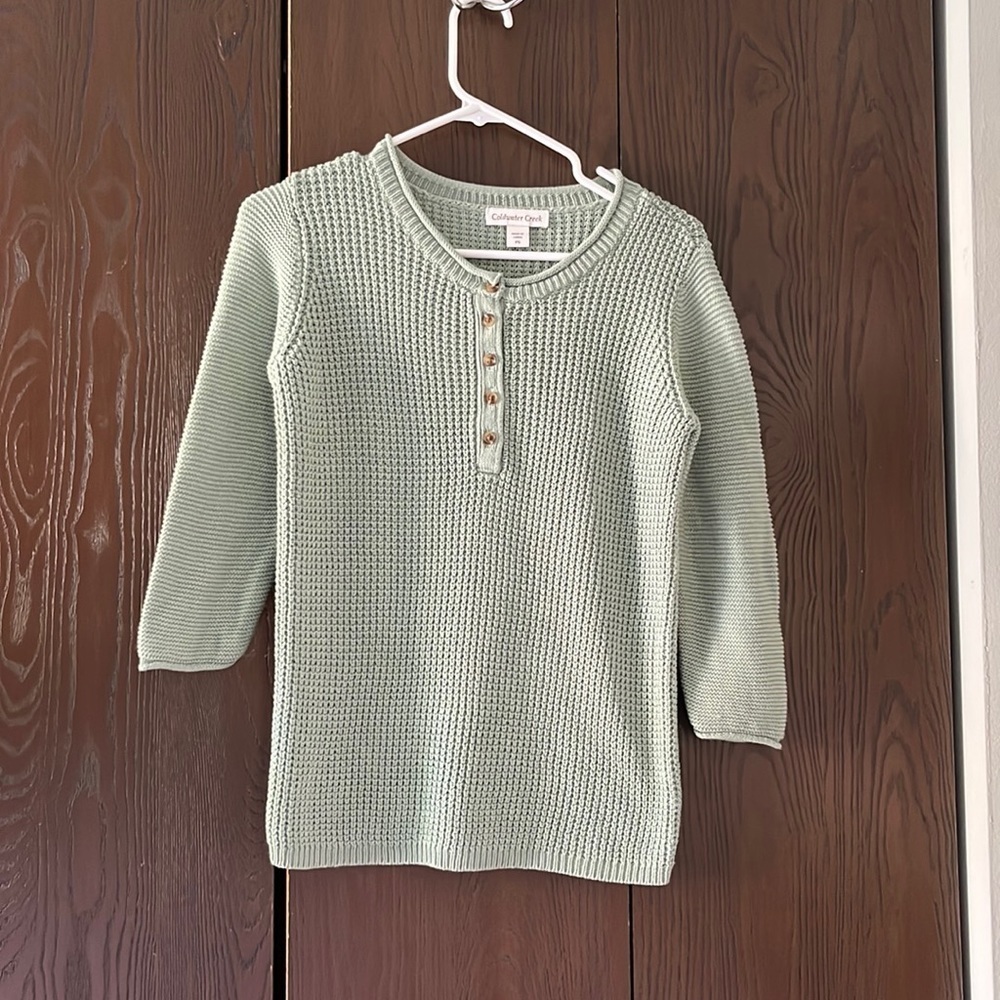Coldwater Creek sage green, 3/4 sleeved sweater. Size PS